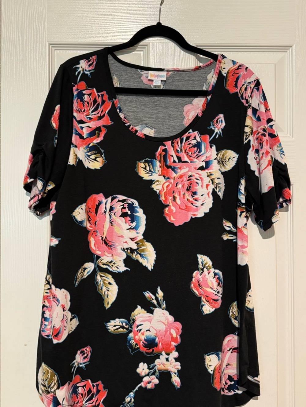 LuLaRoe Black Tee with Pink Floral Print